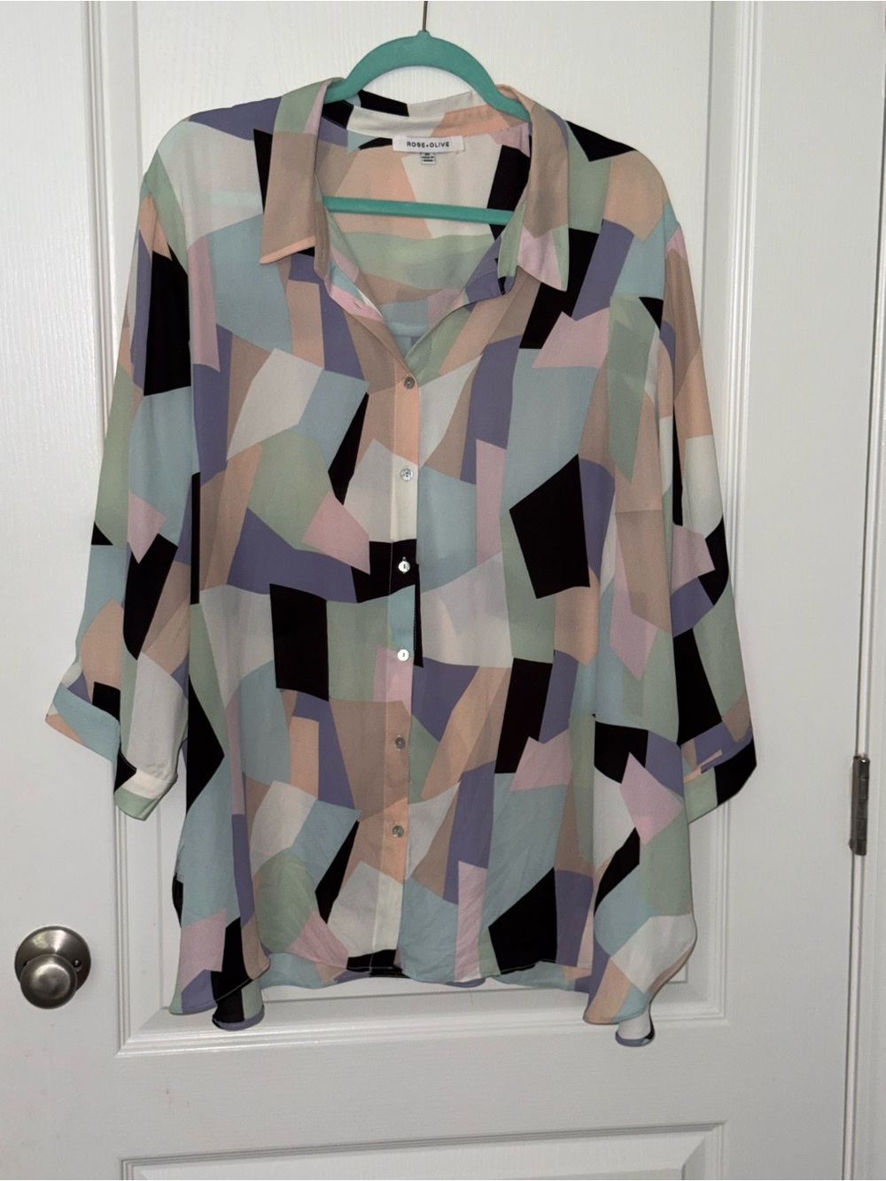 Rose & Olive Pastel Geo-Print Button Front Blouse